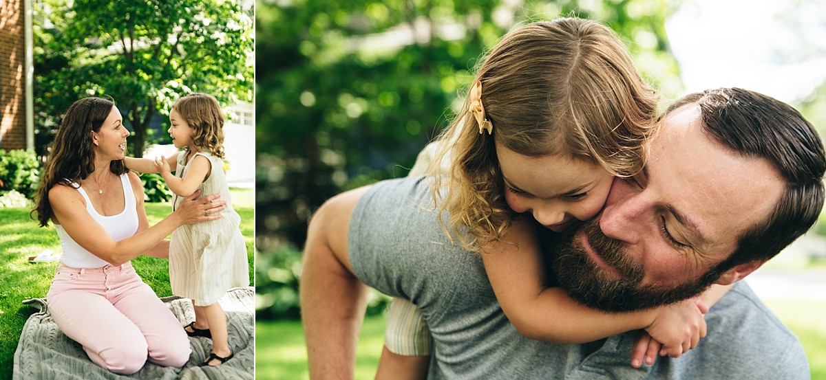 Little girl talks to her mother and hugs her father in two photos side by side.