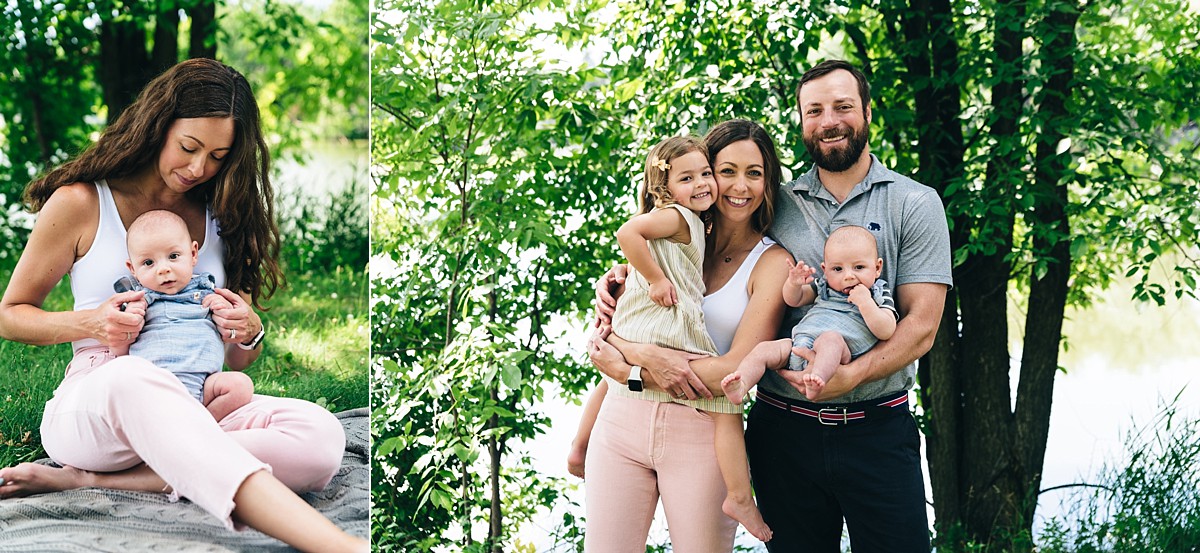 Family of four stands for posed photos outside during summer full family film.