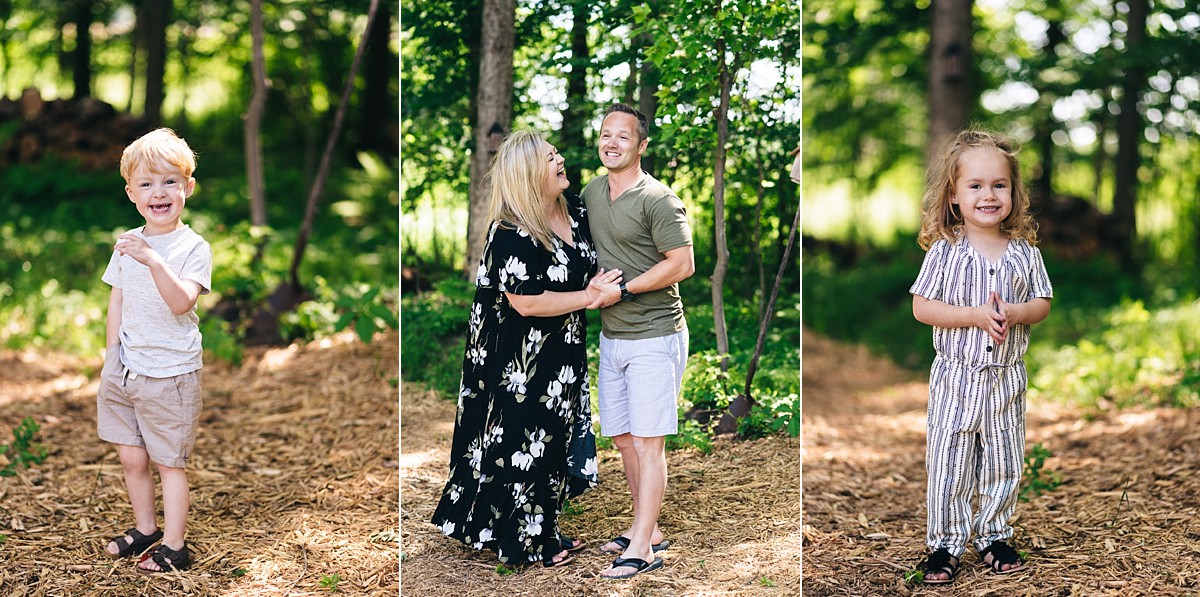 Several family photos of family of four outdoors in summertime.