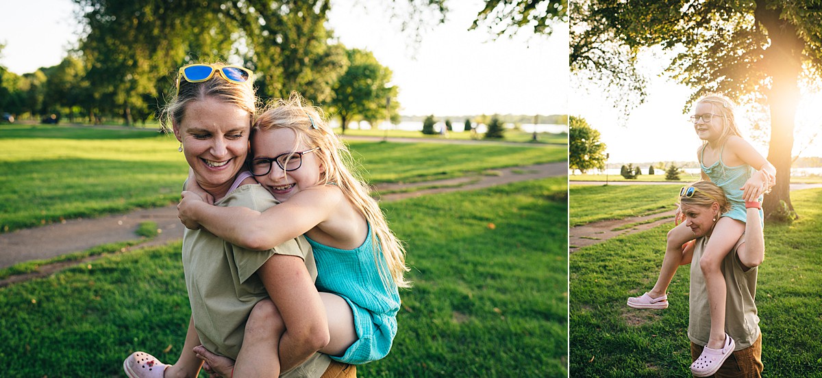 Mother and daughter piggyback ride at Minneapolis park.