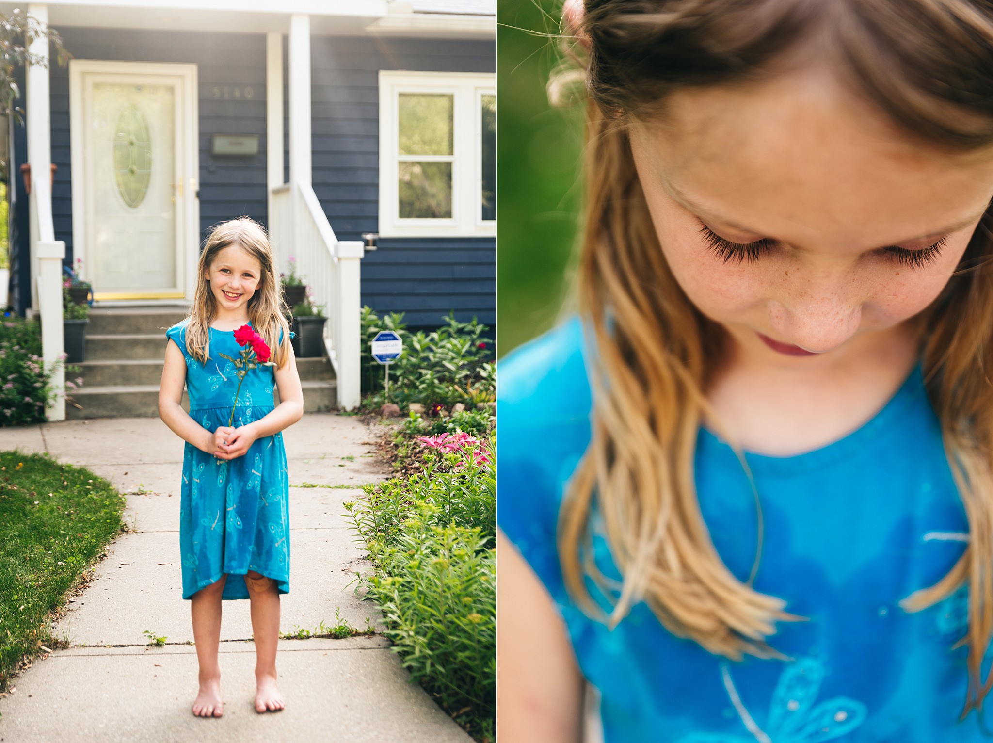 Portraits of young girl in blue dress holding flowers.