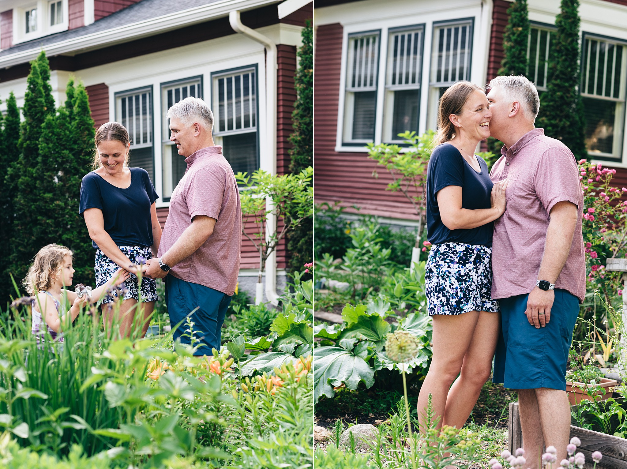 Couple poses in garden for photos.