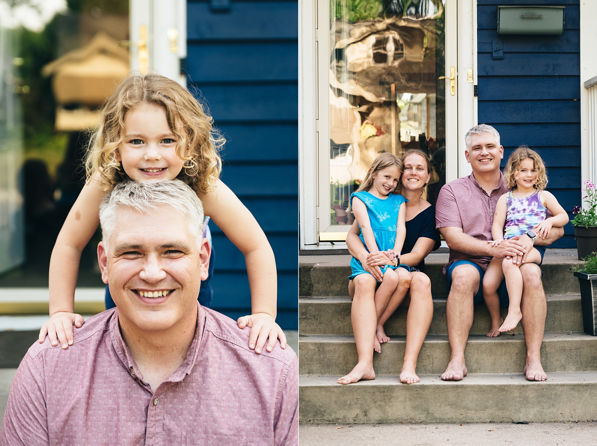 Family sits on a porch posing for a photo. Edina family film.