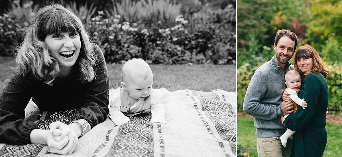 Mom laughs at camera with daughter.