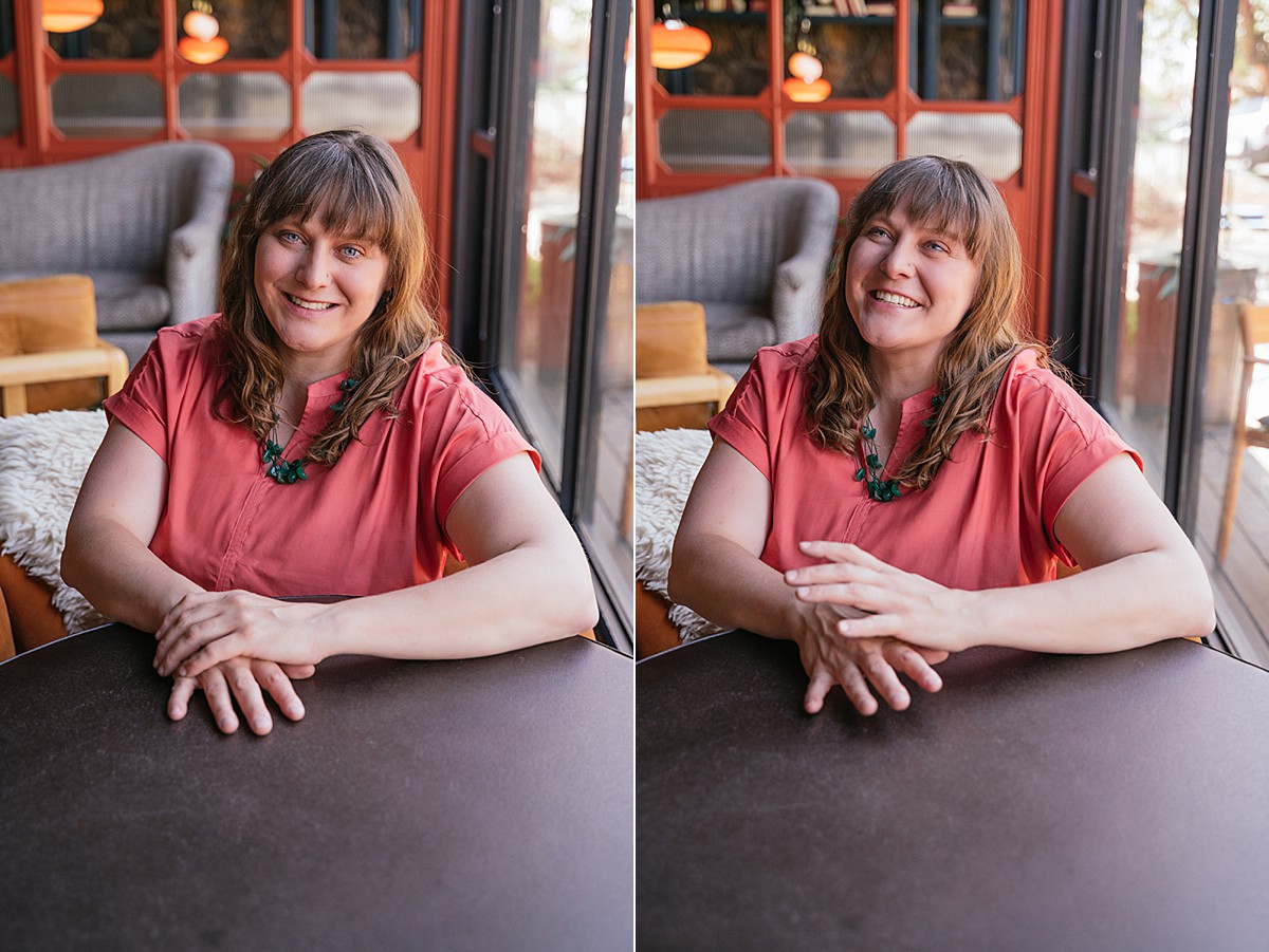 Woman sitting in High Country Motor Lodge smiling. Woman sitting in same spot laughing.