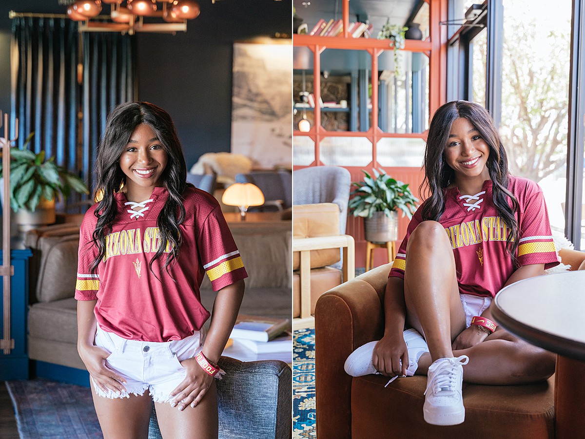 High Country Motor Lodge senior photo. Girl stands near pool table. 