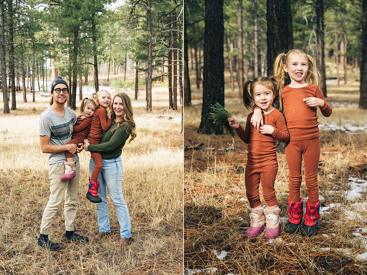 Family of four poses in the woods of Flagstaff.