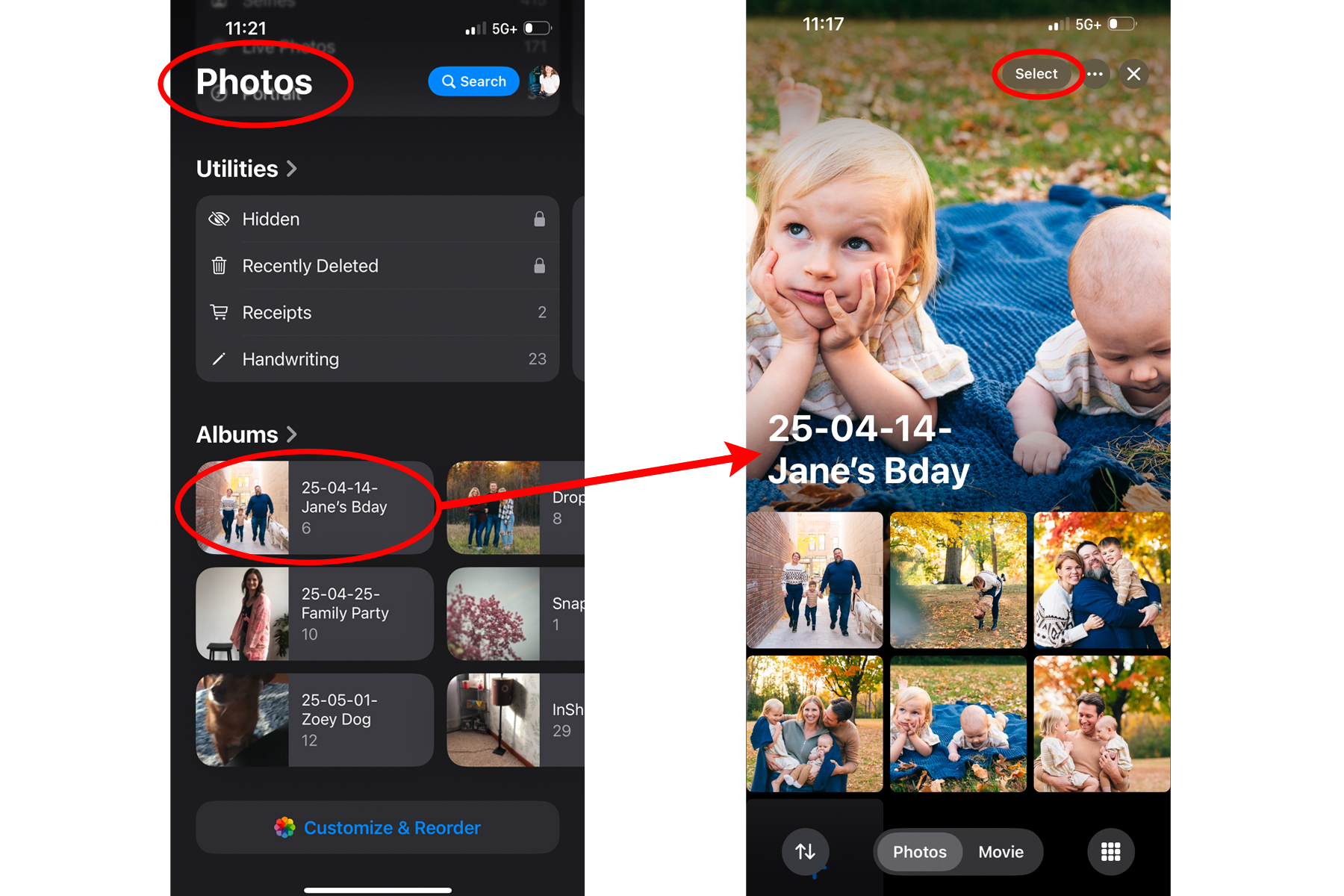 Phone photo album screenshot and example of how to name them.