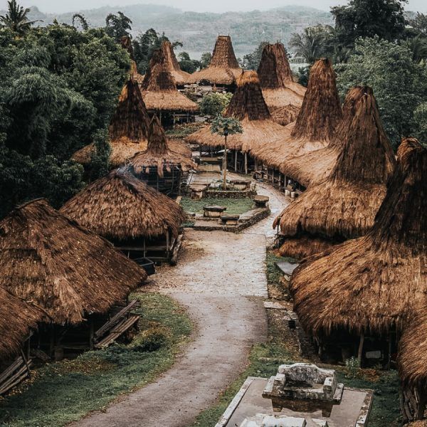 Traditional sumbanese huts in a traditional village with thatch roofs in Sumba