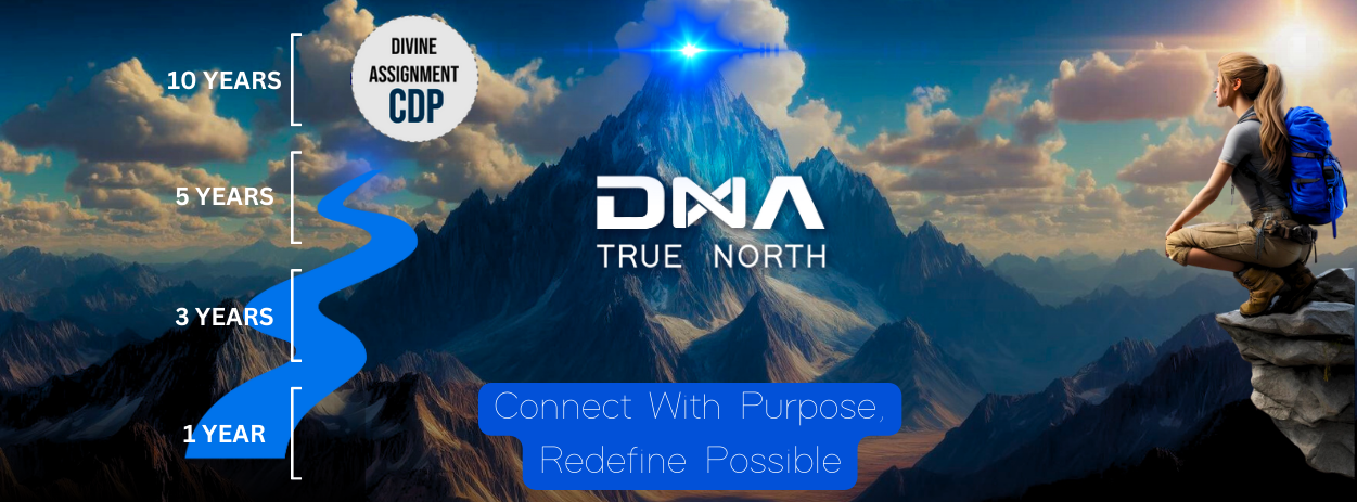 DNA True North Purpose mountain with blue light at the peak, showing the journey to purpose discovery.