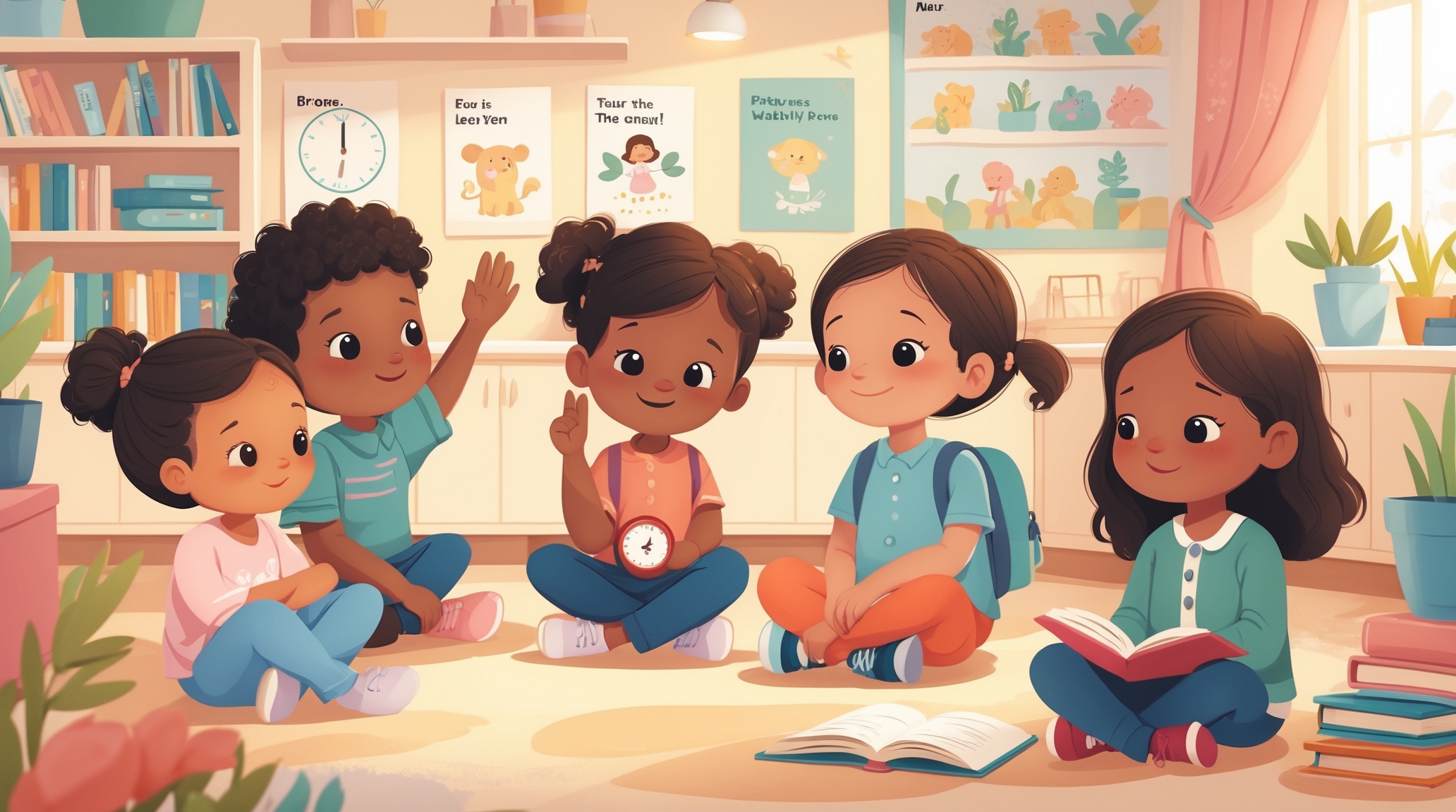 A bright, softly illustrated classroom scene featuring diverse young children (ages 4–7) practicing respectful waiting. One child is calmly raising their hand, another is watching a timer with interest, and another is sitting quietly with a book. The setting is a modern, welcoming classroom with bookshelves, soft lighting, learning posters, and cozy decor. The color palette includes pastel tones and warm neutrals. The mood is nurturing, calm, and emotionally safe. Leave open space at the top or side of the image for a text header. Ideal for an educational or SEL blog post about emotional development in early childhood. A bright, softly illustrated classroom scene featuring diverse young children (ages 4–7) practicing respectful waiting. One child is calmly raising their hand, another is watching a timer with interest, and another is sitting quietly with a book. The setting is a modern, welcoming classroom with bookshelves, soft lighting, learning posters, and cozy decor. The color palette includes pastel tones and warm neutrals. The mood is nurturing, calm, and emotionally safe. Leave open space at the top or side of the image for a text header. Ideal for an educational or SEL blog post about emotional development in early childhood.