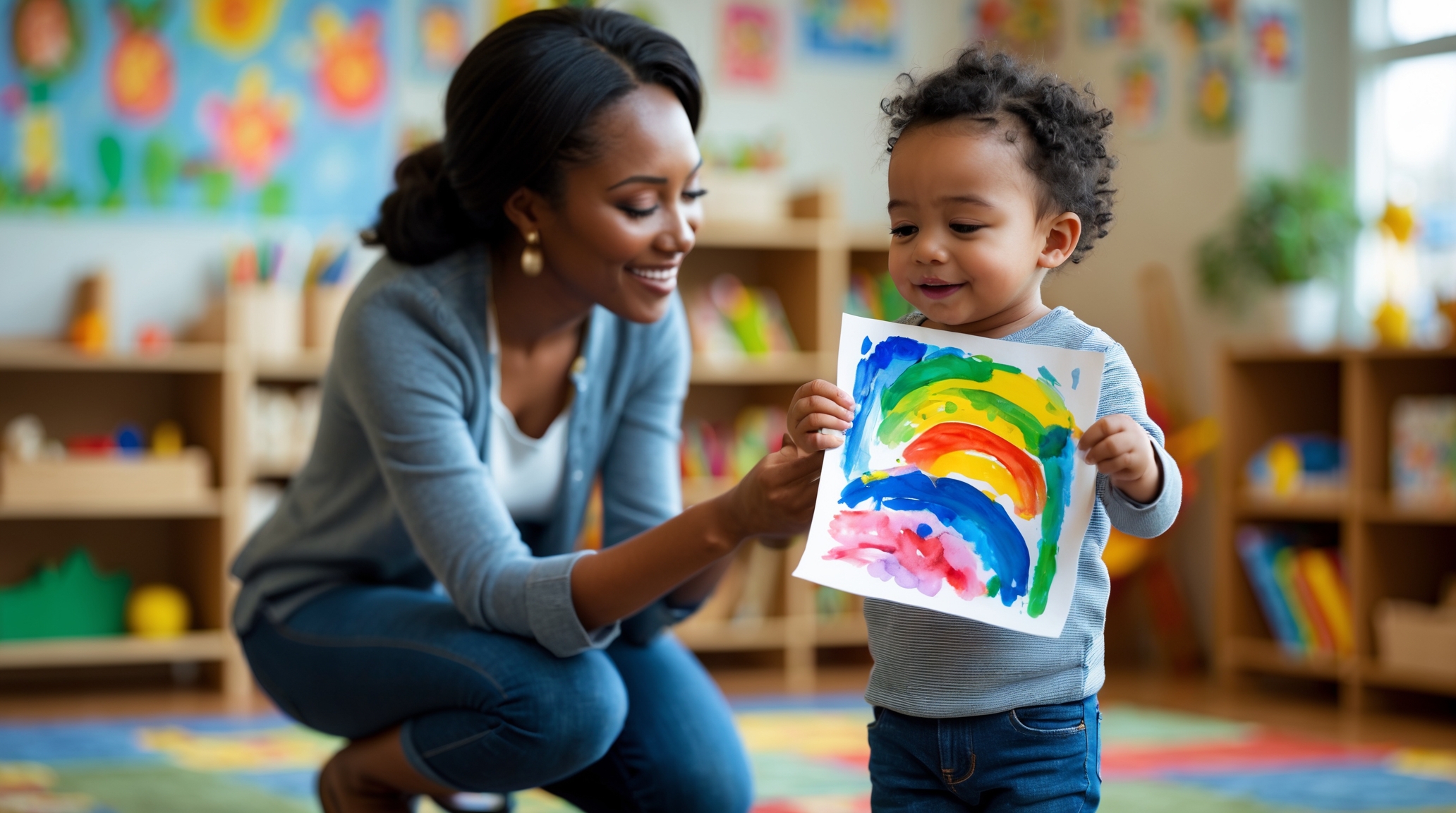 A warm, well-lit daycare or childcare classroom with a cozy atmosphere. In the foreground, a young child proudly shows a colorful painting to a kneeling parent or caregiver, who is smiling warmly and pointing to details in the artwork. The caregiver’s expression is attentive and encouraging. The background includes shelves with books and toys, child-made art on the walls, and soft natural lighting. The overall mood is nurturing, thoughtful, and emotionally connected—highlighting mindful praise and child-centered care. A warm, well-lit daycare or childcare classroom with a cozy atmosphere. In the foreground, a young child proudly shows a colorful painting to a kneeling parent or caregiver, who is smiling warmly and pointing to details in the artwork. The caregiver’s expression is attentive and encouraging. The background includes shelves with books and toys, child-made art on the walls, and soft natural lighting. The overall mood is nurturing, thoughtful, and emotionally connected—highlighting mindful praise and child-centered care.