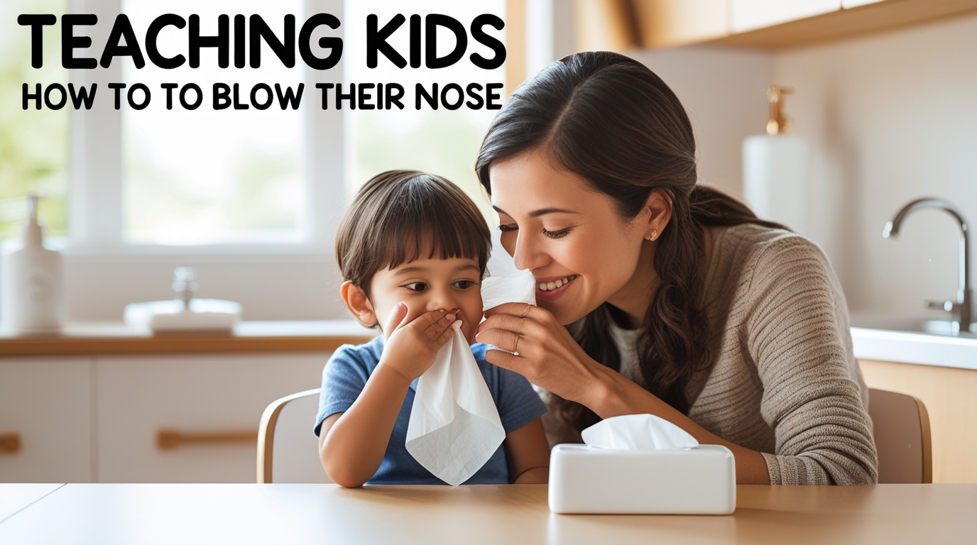 A warm, natural-looking photograph-style illustration for the title page of a childcare guide titled “Teaching Kids How to Blow Their Nose.” A preschool-age child (around 3–5 years old) is sitting with a tissue gently held to their nose, while a caring adult (such as a parent or teacher) leans down, smiling softly and showing them how to blow. The setting is bright, clean, and welcoming — either a cozy classroom or a modern home environment. Details include a tissue box on the table and a sink or soap in the background to suggest hygiene. The lighting is soft and natural, evoking comfort and trust. Leave clear space at the top for the title text.