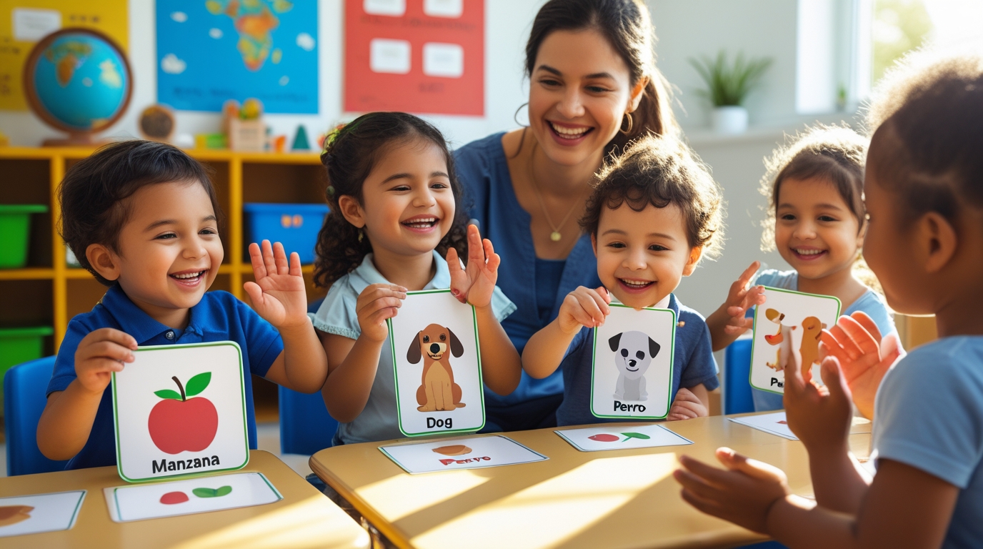 Children engaging in playful language learning, holding flashcards with images of a dog, a cat, and an apple, in a colorful classroom setting with a teacher facilitating. Children engaging in playful language learning, holding flashcards with images of a dog, a cat, and an apple, in a colorful classroom setting with a teacher facilitating.