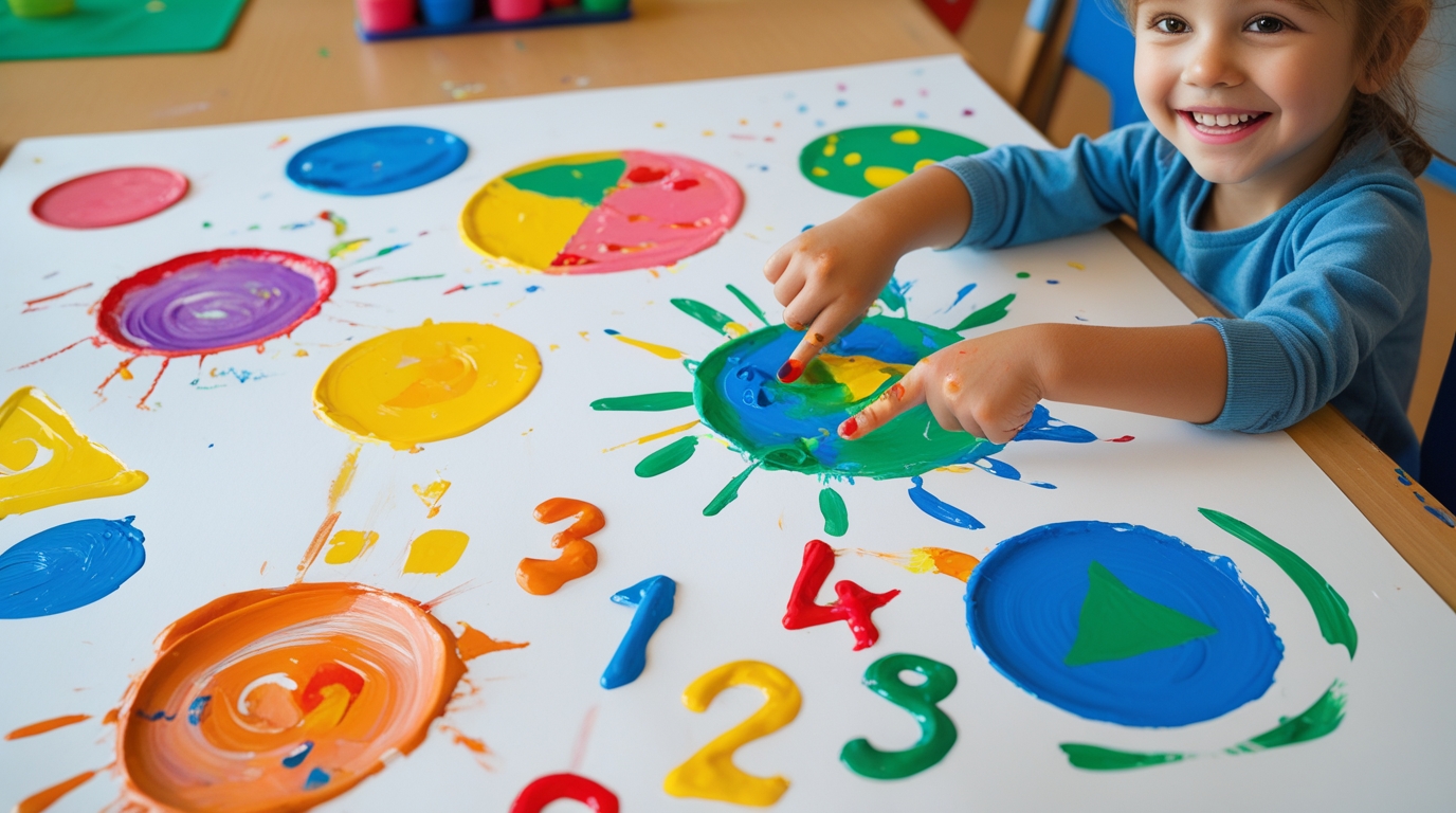 Child engaging in finger painting with colorful shapes and numbers, illustrating the integration of art and math for early learning at Chroma Early Learning Academy. Child engaging in finger painting with colorful shapes and numbers, illustrating the integration of art and math for early learning at Chroma Early Learning Academy.