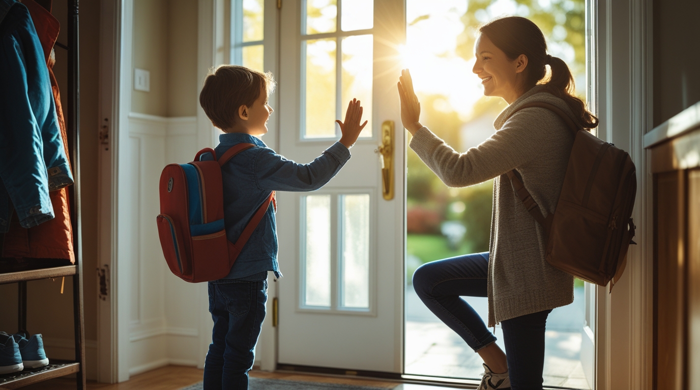  A parent and young child getting ready for the day.