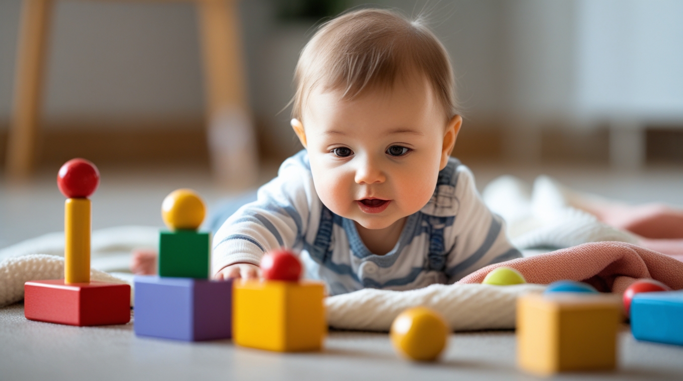 baby around 8–12 months old playing on the floor with toys