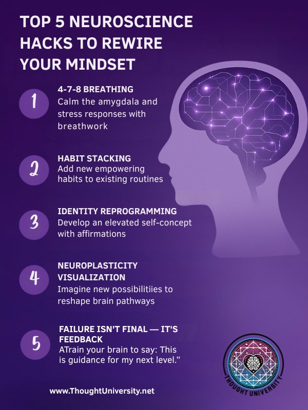 Infographic of 5 neuroscience-based mindset hacks including breathwork, habit stacking, identity reprogramming, visualization, and reframing failure — by Thought University. Infographic of 5 neuroscience-based mindset hacks including breathwork, habit stacking, identity reprogramming, visualization, and reframing failure — by Thought University.