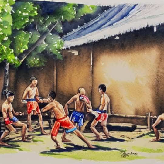 Vibrant watercolor style captures the intensity and focus of Thai boxers