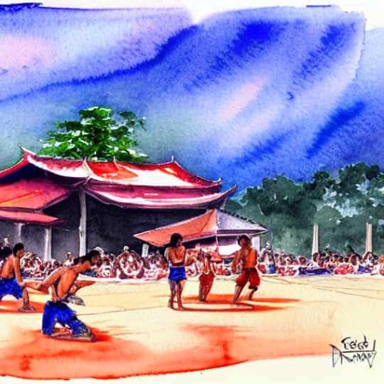 Thai sparing bright watercolor painting in front of a temple