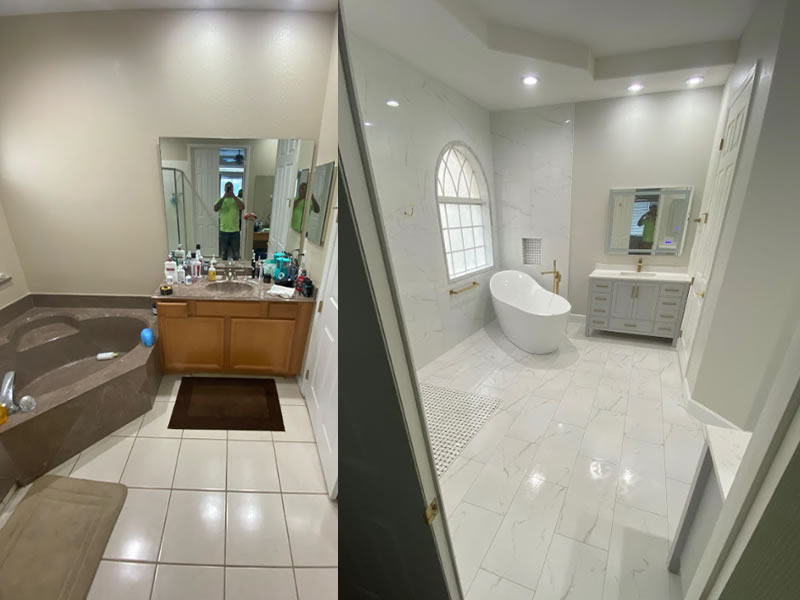 Master bathroom renovation with new bathtubs, flooring, and vanity in Sanford Master bathroom renovation with new bathtubs, flooring, and vanity in Sanford