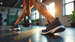Person performing a kettlebell swing in a gym wearing versatile training shoes, showcasing flexibility and support for all-around fitness. Person performing a kettlebell swing in a gym wearing versatile training shoes, showcasing flexibility and support for all-around fitness.