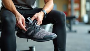 Close-up of person tying laces on gray all-around training shoes in a gym setting, highlighting footwear flexibility and performance - blog cover image for ‘Find Your Perfect Fit: The Ultimate Guide to All-Around Training Shoes’ Close-up of person tying laces on gray all-around training shoes in a gym setting, highlighting footwear flexibility and performance - blog cover image for ‘Find Your Perfect Fit: The Ultimate Guide to All-Around Training Shoes’