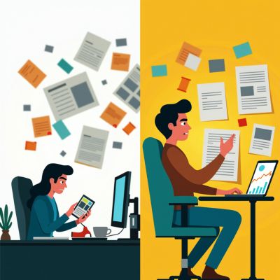 split screen, business chaos vs. clarity, organized workflow, focused entrepreneur, modern abstract, bold colors, transformation, productivity, before and after split screen, business chaos vs. clarity, organized workflow, focused entrepreneur, modern abstract, bold colors, transformation, productivity, before and after