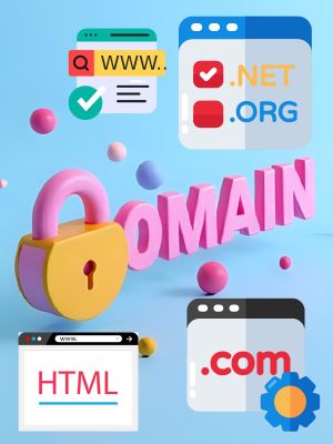 Domain name with SSL padlock icon, multiple domain extensions (.com, .shop, .tech), clean and secure digital concept