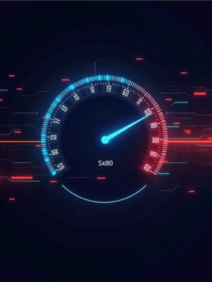 Website speed test, fast loading bar, digital speedometer, dynamic lines, tech abstract, high performance