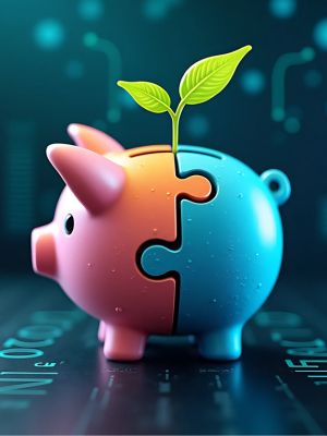 Piggy bank with a green sprout growing, digital background, representing smart investment and growth