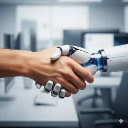 An image showing a human hand and a digital/robotic hand clasping in partnership. An image showing a human hand and a digital/robotic hand clasping in partnership.