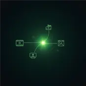 A clean, minimalist abstract design on a deep charcoal background (#000000). In the center, a single, brightly glowing node of vibrant green (#5CE63D). From this node, three distinct, glowing white data streams flow outwards, each ending in a simple icon: one icon of a 'picture', one of a 'video filmstrip', and one of a 'person/character'. The entire image is professional, high-tech, and symbolizes a single source for multiple creative outputs. Square (1:1) aspect ratio.