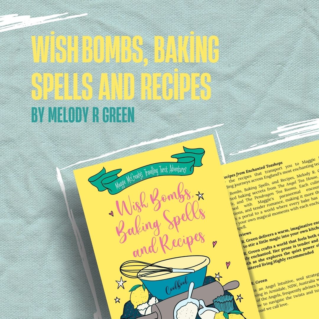 Book feature graphic for Wish Bombs, Baking Spells and Recipes by Melody R Green, displaying the front and back cover with vibrant yellow and green tones. Includes a whimsical blurb celebrating magical realism, baking, and storytelling, set against a colorful, textured background Book feature graphic for Wish Bombs, Baking Spells and Recipes by Melody R Green, displaying the front and back cover with vibrant yellow and green tones. Includes a whimsical blurb celebrating magical realism, baking, and storytelling, set against a colorful, textured background