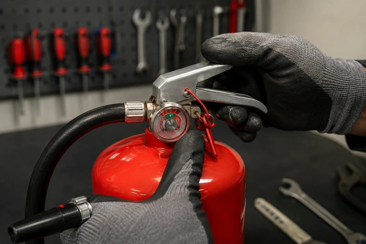 Technician inspecting commercial fire extinguishers in St. Petersburg