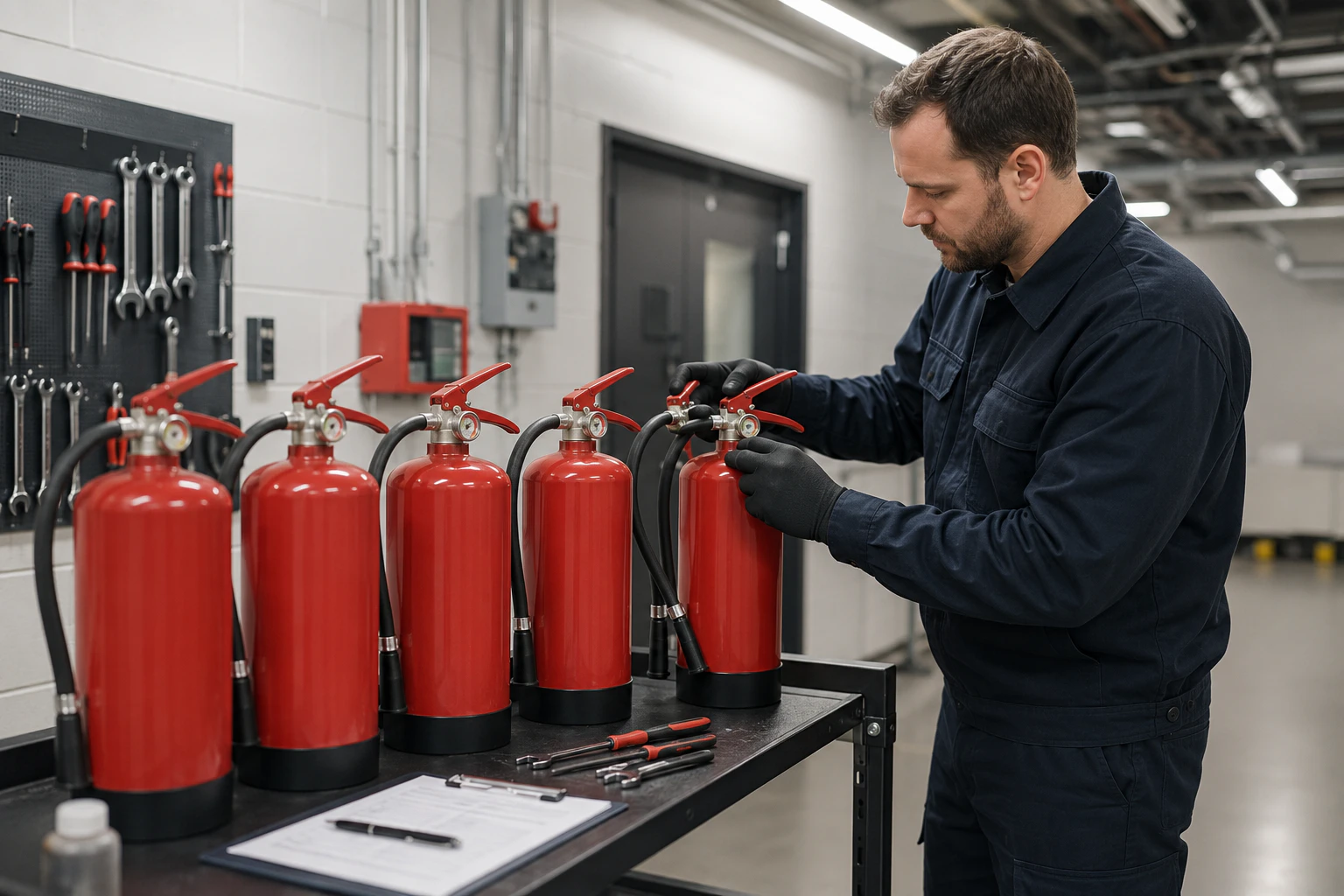 Technician testing commercial fire extinguishers in Clearwater
