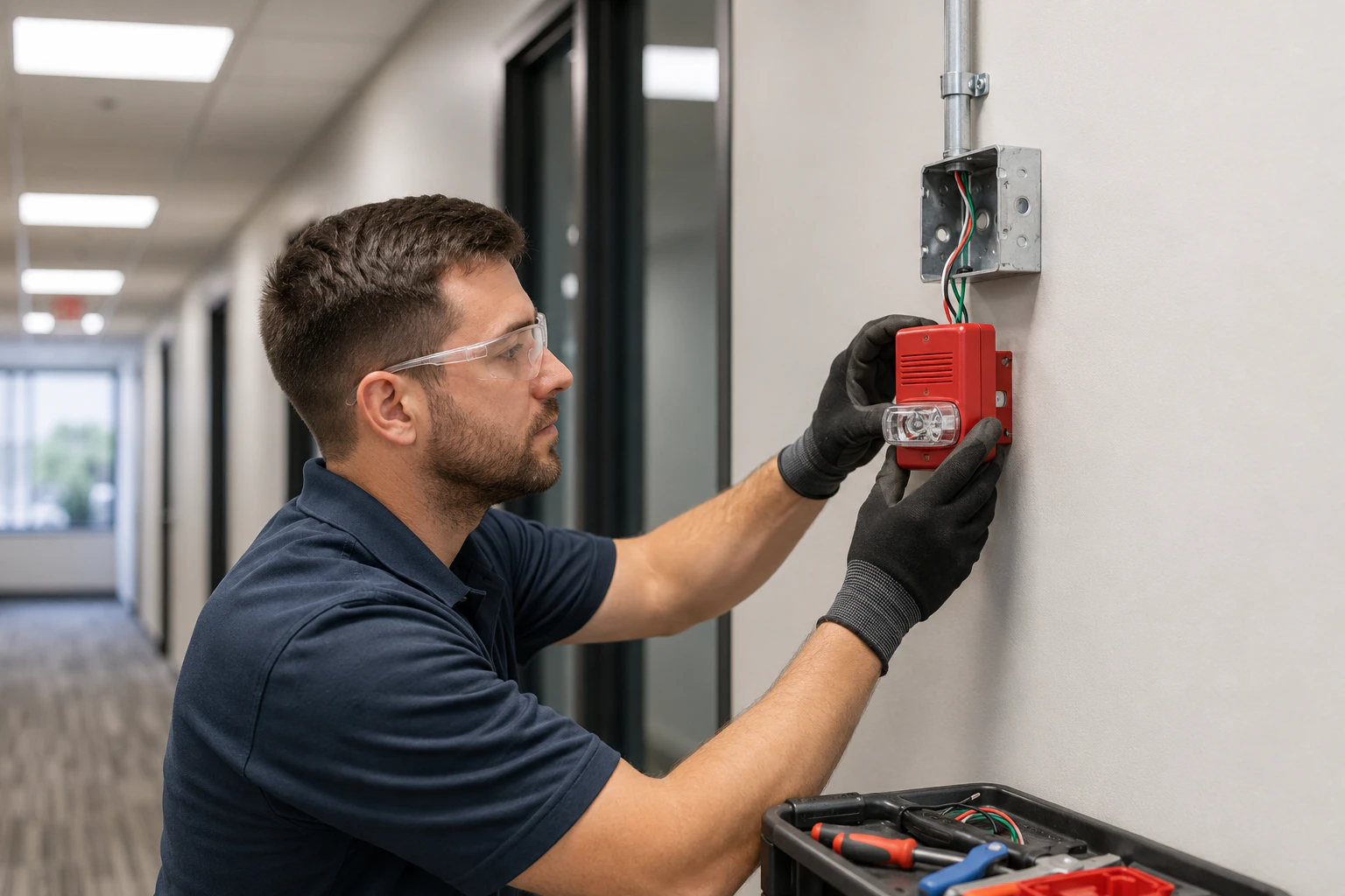 Technician installing commercial fire alarm panel in St. Petersburg