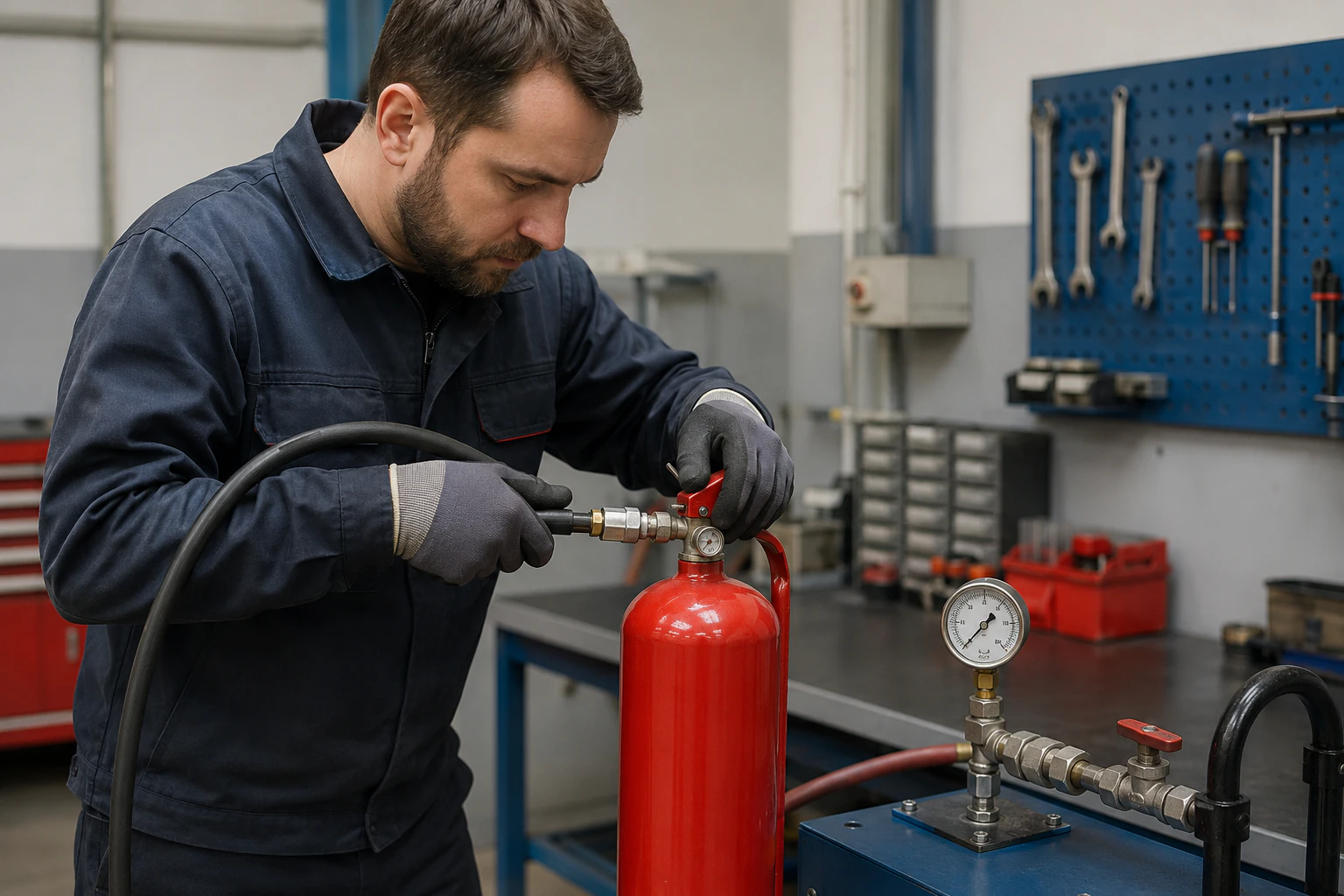 Technician recharging commercial fire extinguishers in Tampa