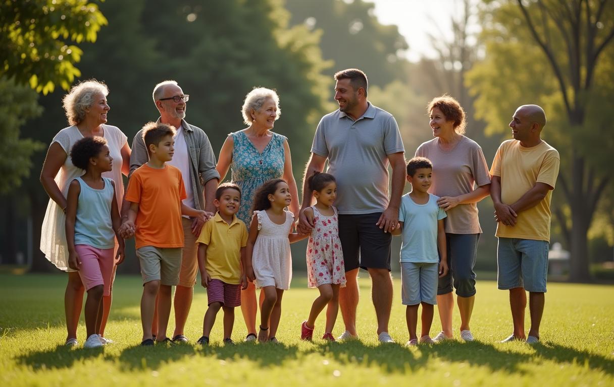 large family standing outside in the sun taking a picture large family standing outside in the sun taking a picture