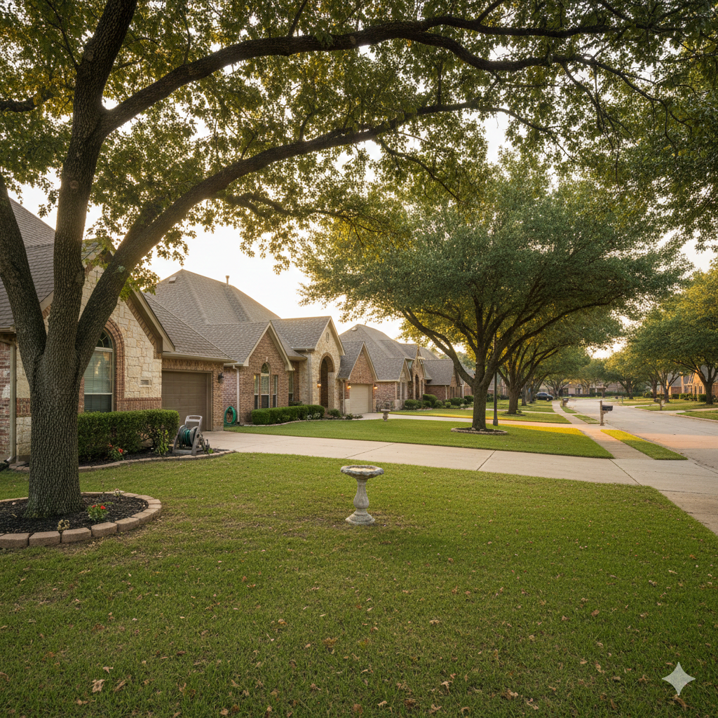 Tree-lined suburban street with single-family homes, well-kept lawns, and a quiet residential atmosphere.