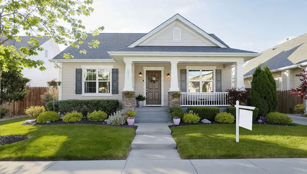 Single-story suburban home with a front porch, neatly landscaped yard, and a blank signpost near the sidewalk.