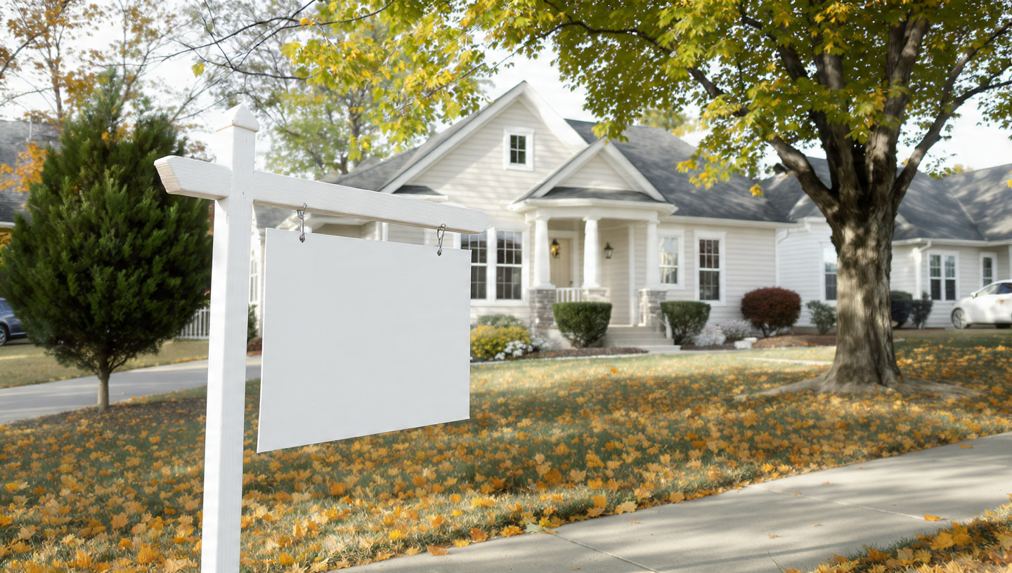 Blank real estate sign in a front yard with a white house and autumn trees in the background.