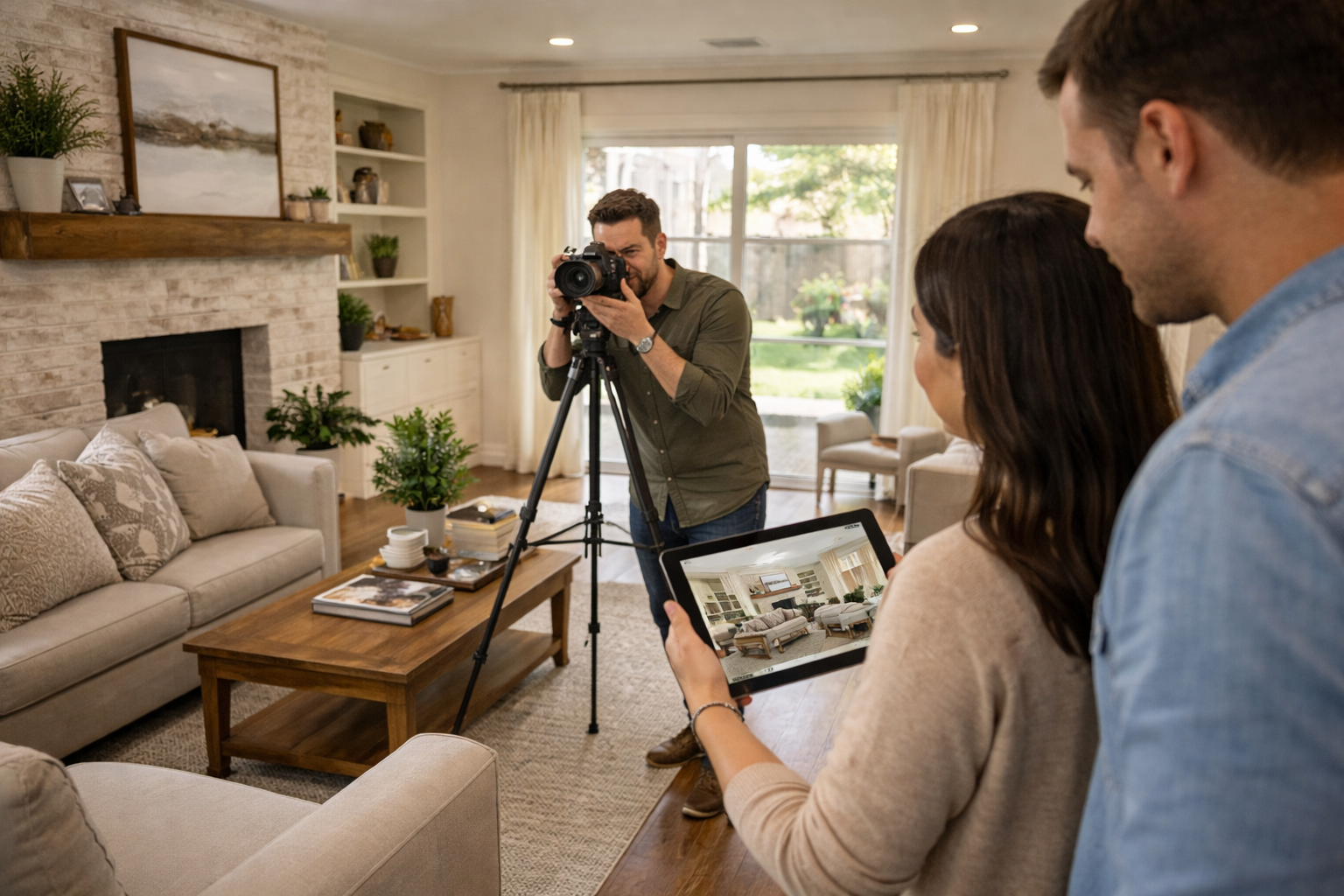 A real estate photographer shoots a bright, staged living room while a couple views the listing photos on a tablet.