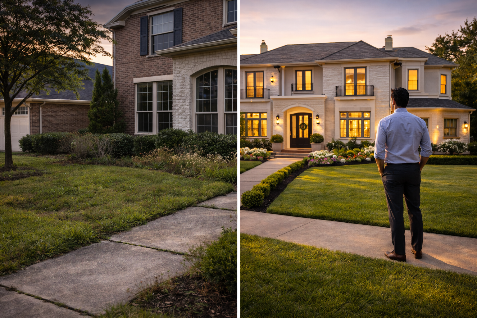 Side-by-side comparison of residential home exteriors at sunset, featuring landscaping and a man viewing an illuminated upscale home.