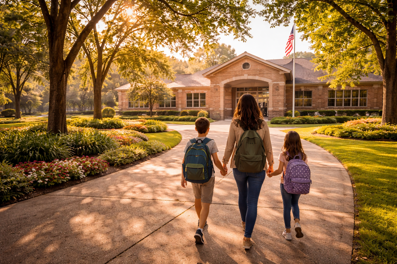 Parent walking two children with backpacks toward an elementary school on a sunny morning in a tree-lined Texas neighborhood.