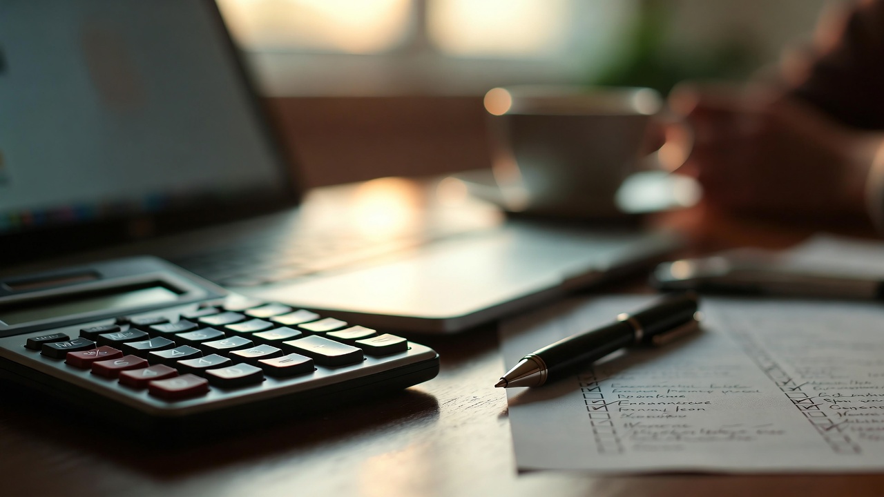 Calculator and checklist beside laptop for budgeting home buying or selling costs.