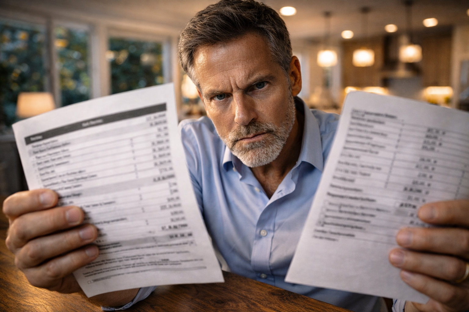 Homeowner reviewing two cost statements while evaluating home selling expenses.