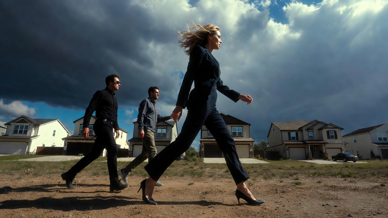 Real estate agent touring a suburban neighborhood with clients, showcasing community setting and home exteriors beneath a dramatic sky.