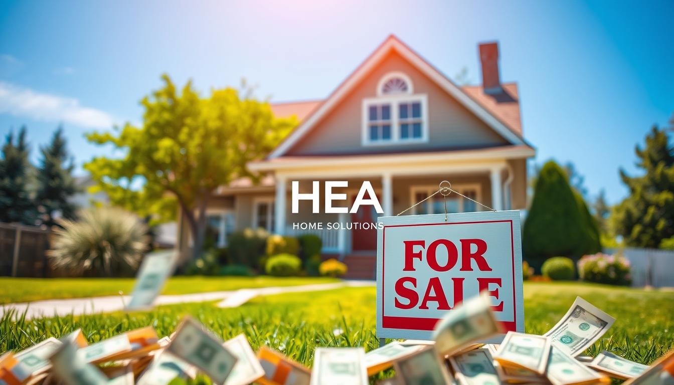 A vibrant scene depicting a cozy home with a "For Sale" sign in front, emphasizing an inviting atmosphere, with cash bills subtly scattered in the foreground, symbolizing a quick cash transaction. Surrounding the house, lush greenery and a clear blue sky create an uplifting vibe. Include elements like a completed transaction symbol, such as a handshake or a golden key, blending into the background. HEA Home Solutions logo lightly integrated into the scene without being textually represented.