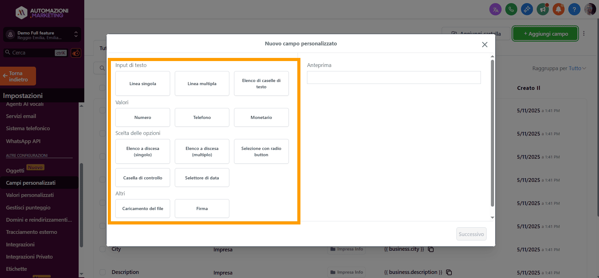 Tipo di contatto presonalizzato